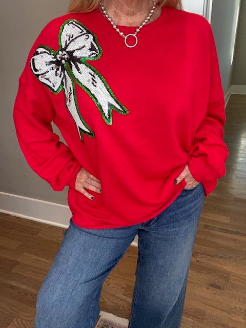 Christmas jumper white with red clearance bow